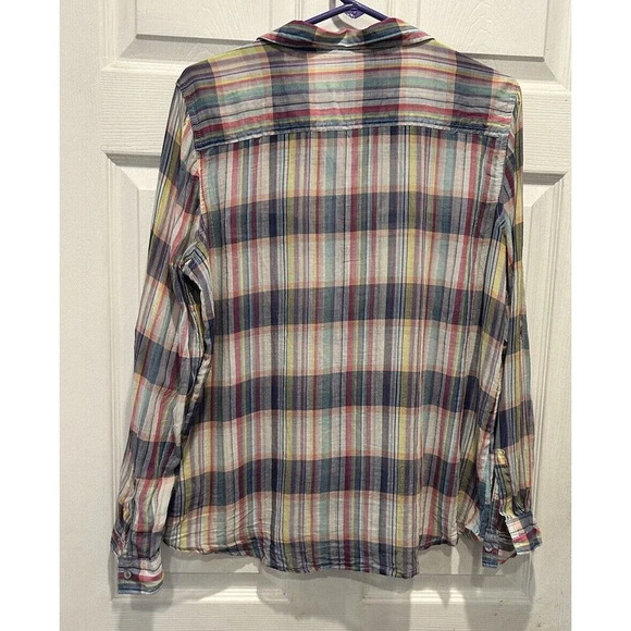 Old Navy Button Up Shirt Pink Purple Plaid Sheer Long Sleeve Collared Large - Picture 7 of 9